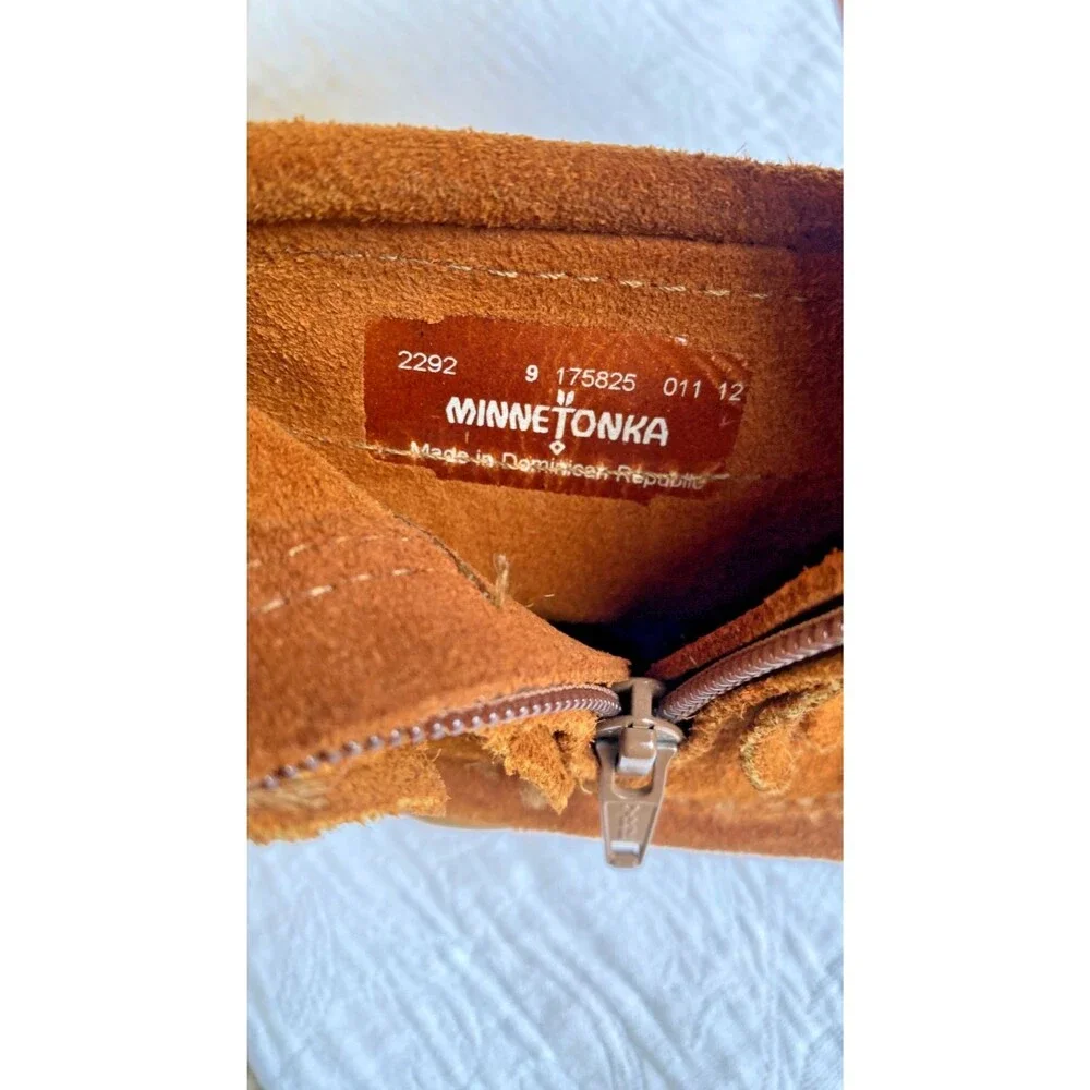 Minnetonka Girl's Brown Suede Leather Fringe Ankle Boots Moccasin Zipper -Sz 9T